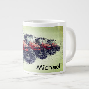 Red Farm Tractors パーソナライズされた in a Row(赤いファームトラクタ列) ジャンボコーヒーマグカップ