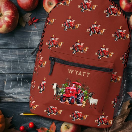 Red Farm Tractors Kids Personalized Backpack プリントバックパック