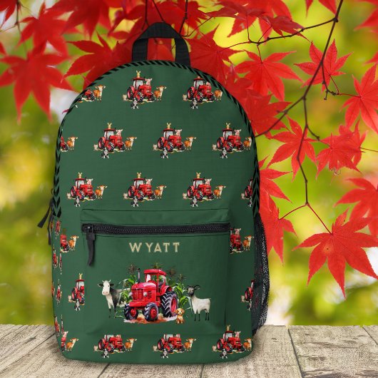 Red Farm Tractors Kids Personalized Backpack プリントバックパック