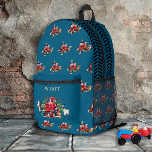 Red Farm Tractors Kids Personalized Teal Blue プリントバックパック