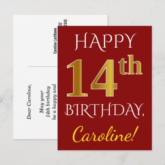 Red, Faux Gold 14th Birthday + Custom Name ポストカード (正面/裏面)