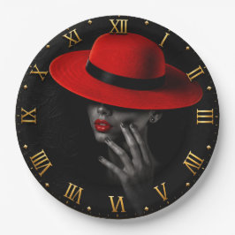 Red Fedora Woman Portrait Modern Luxury Art ペーパープレート