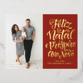 Red Feliz Natal書道クリスマスフォト 箔シーズンポストカード (正面)