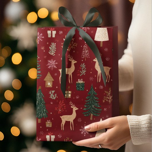 Red Festive Christmas Whimsical Pattern Gift Bag  ミディアムペーパーバッグ