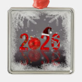 Red Festive Merry Christmas New Year 2026 メタルオーナメント (正面)