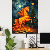 Red Fiery Horse at the Christmas Tree & Moon ポスター (ホームオフィス)