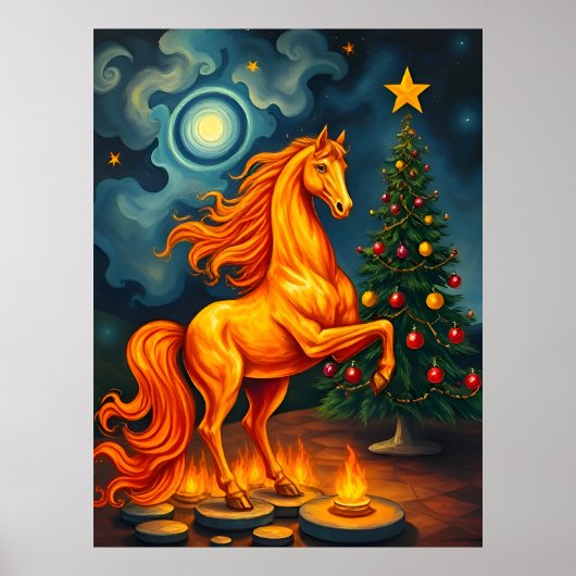 Red Fiery Horse at the Christmas Tree & Moon ポスター (正面)