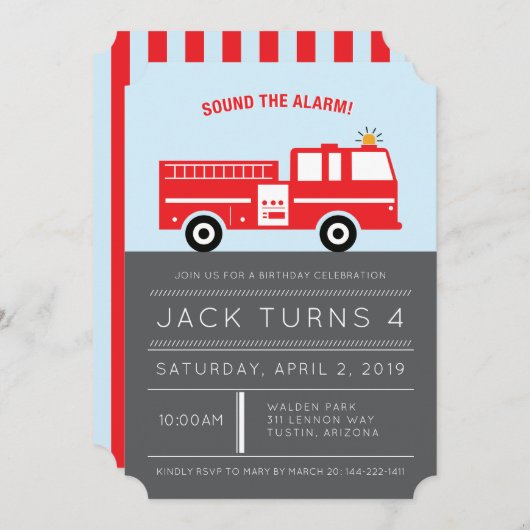 Red Fire Engine Birthday Partyの招待 招待状 (正面/裏面)