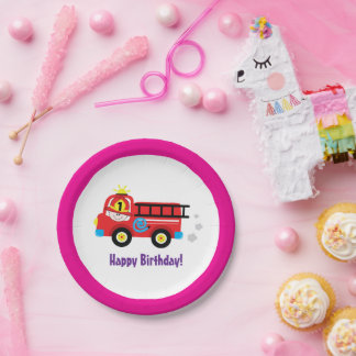 Red Fire Truck Engine Firefighter Rescue Design ペーパープレート