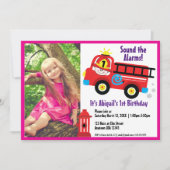 Red Fire Truck Happy Fireman Cute Cartoon Drawing 招待状 (正面)