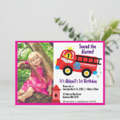 Red Fire Truck Happy Fireman Cute Cartoon Drawing 招待状 (スタンド正面)