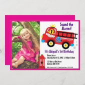 Red Fire Truck Happy Fireman Cute Cartoon Drawing 招待状 (正面/裏面)