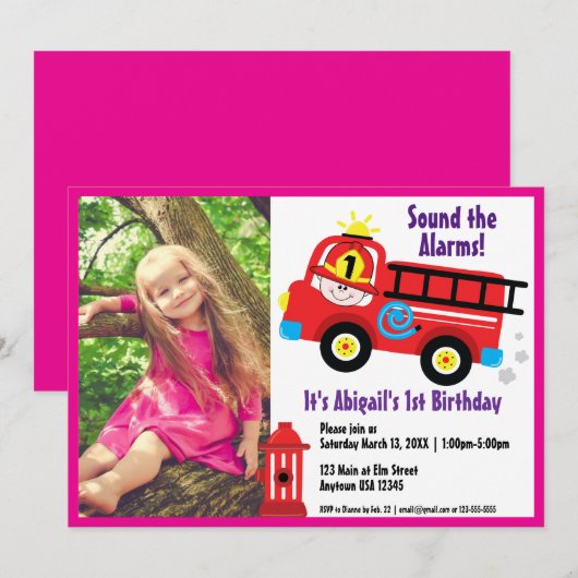 Red Fire Truck Happy Fireman Cute Cartoon Drawing 招待状 (正面/裏面)