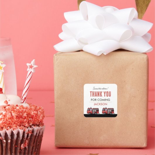 Red Fire Truck Party Décor | Custom Kids Birthday スクエアシール (パーティー)