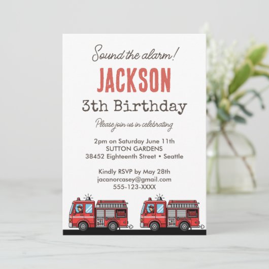 Red Fire Truck Party Décor | Custom Kids Birthday 招待状 (スタンド正面)