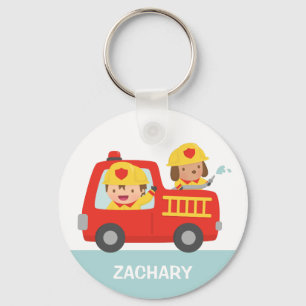 Red Fire Truck with Fire fighter Boy and Puppy キーホルダー