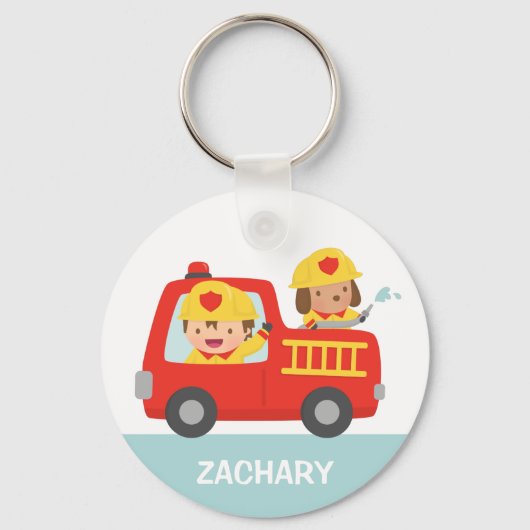 Red Fire Truck with Fire fighter Boy and Puppy キーホルダー (正面)