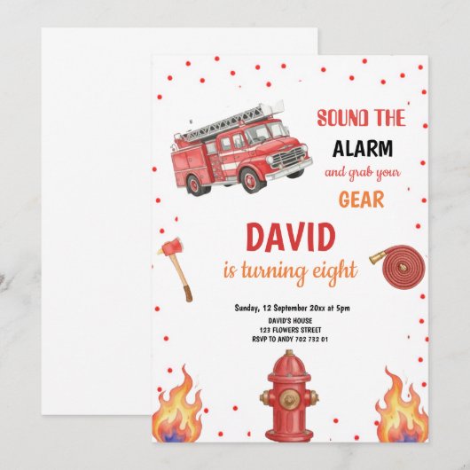 RED FIREFIGHTER BIRTHDAY PARTY INVITATION 招待状 (正面/裏面)