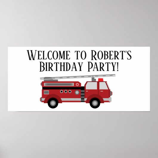 Red Firetruck White Birthday Party Banner ポスター (正面)