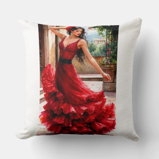 Red Flamenco Elegance - Spanish Beauty Art クッション (正面)