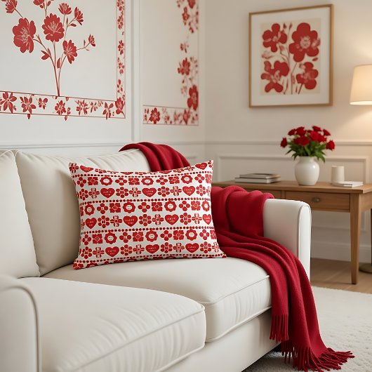 Red floral and heart pattern for Valentine's Day アクセントクッション
