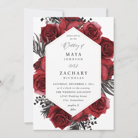 Red Floral & Black Wedding  招待状 (正面)