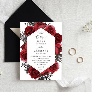 Red Floral & Black Wedding 招待状