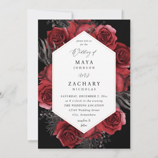 Red Floral & Black Wedding - Black 招待状 (正面)