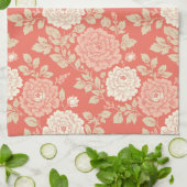 Red Floral Block Print w Blue Stripes キッチンタオル (折り畳み)