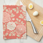 Red Floral Block Print w Blue Stripes キッチンタオル (四つ折り)