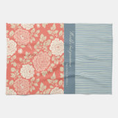 Red Floral Block Print w Blue Stripes キッチンタオル (横)