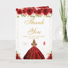 Red Floral Blonde Hair Girl Birthday サンキューカード