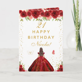 Red Floral Brunette Hair Girl Birthday カード
