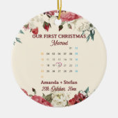 Red Floral Calendar Our First Christmas Married  セラミックオーナメント (正面)