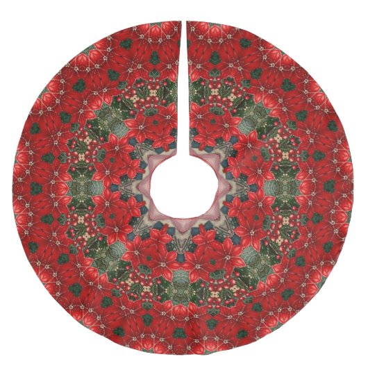 Red Floral Christmas Tree Skirt ブラッシュドポリエステルツリースカート (正面)