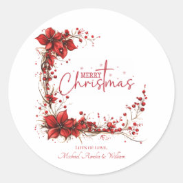 Red Floral Christmas Wreath – Elegant Holiday ラウンドシール