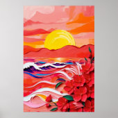 Red Floral Coast Quilling Art with Sunrise Waves & ポスター (正面)