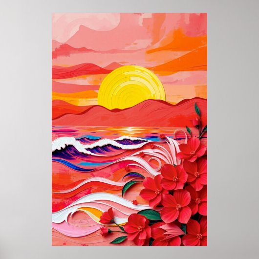 Red Floral Coast Quilling Art with Sunrise Waves & ポスター (正面)