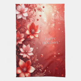 Red Floral Festive Kitchen キッチンタオル