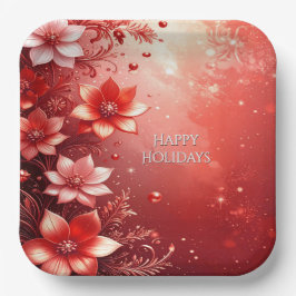 Red Floral Festive Paper Plate ペーパープレート