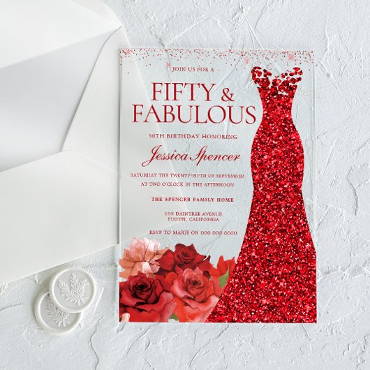 Red Floral Fifty & Fabulous 50th Birthday Party アクリル招待状