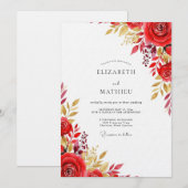 Red Floral Flourish Wedding 招待状 (正面/裏面)