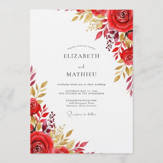 Red Floral Flourish Wedding 招待状 (正面)