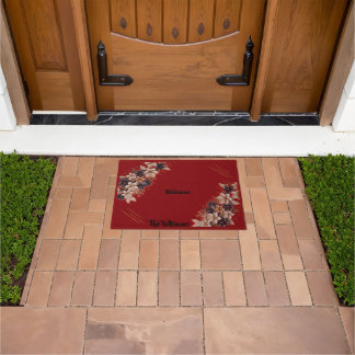 -Red Floral Geometric Welcome Mat ドアマット
