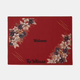 -Red Floral Geometric Welcome Mat ドアマット