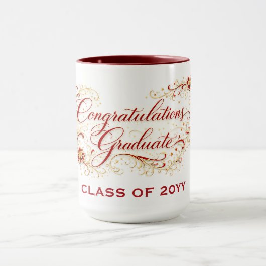 Red Floral Graduation Script with Custom Year マグカップ (中央)