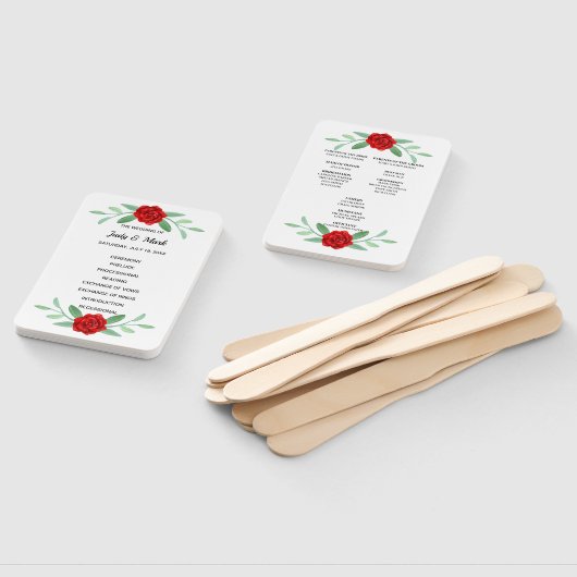 Red Floral Greenery Foliage Wedding Program Fans ハンドファン (組立なし)