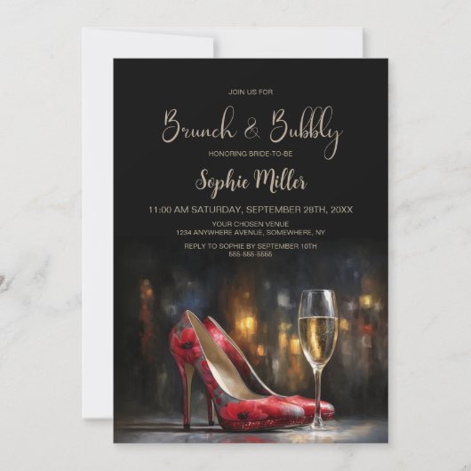 Red Floral High Heel Shoes Brunch and Bubbly 招待状 (正面)