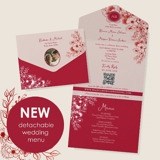 Red Floral Photo Wedding オールインワン招待状