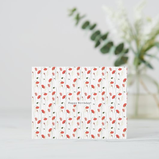 Red Floral Poppy Flowers Happy Birthday Card ポストカード (スタンド正面)